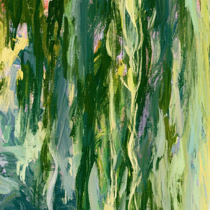 Sunlit Willow over a Garden Pond close-up detail