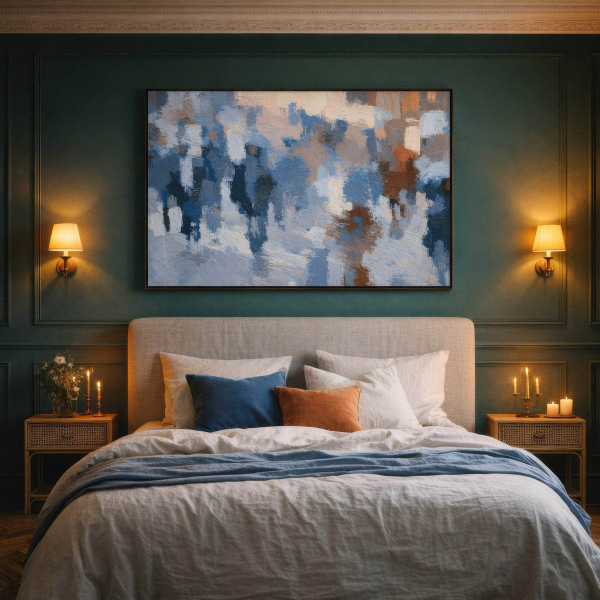Blue crowd impression above a bed with blue and rust pillows on a dark green panelled bedroom wall