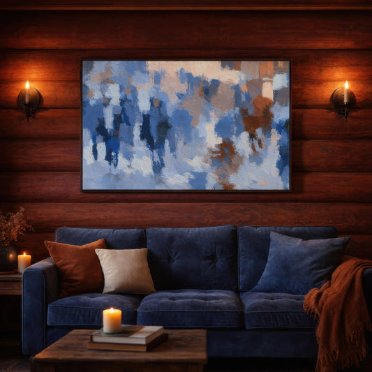 Blue crowd impression above a navy velvet sofa on a dark wood plank wall in a living room