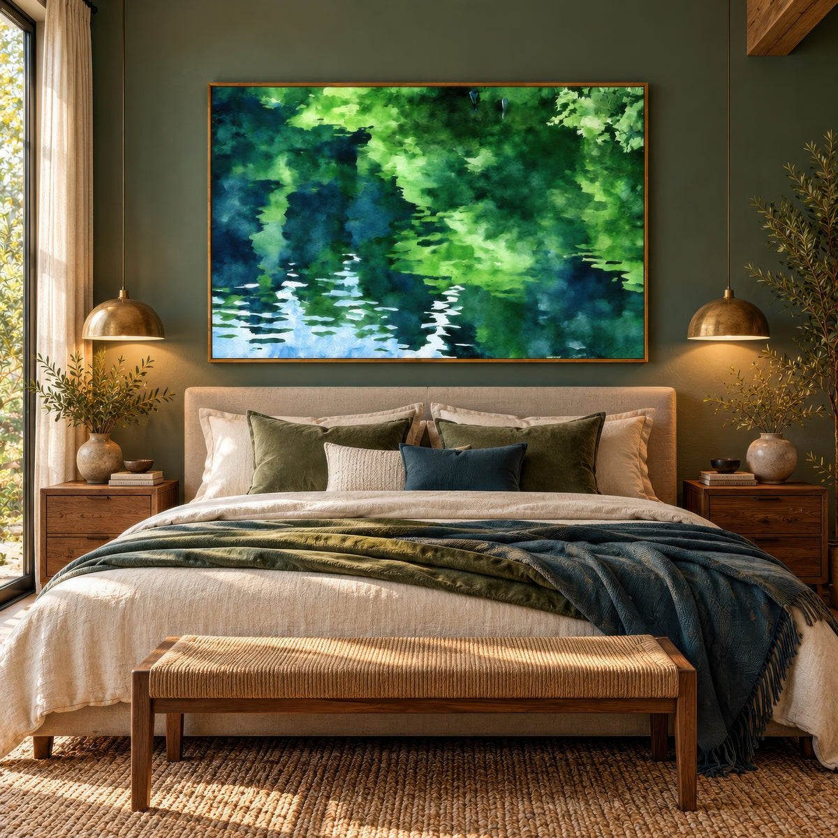 Green canopy reflection above a bed with a woven bench on a green bedroom wall