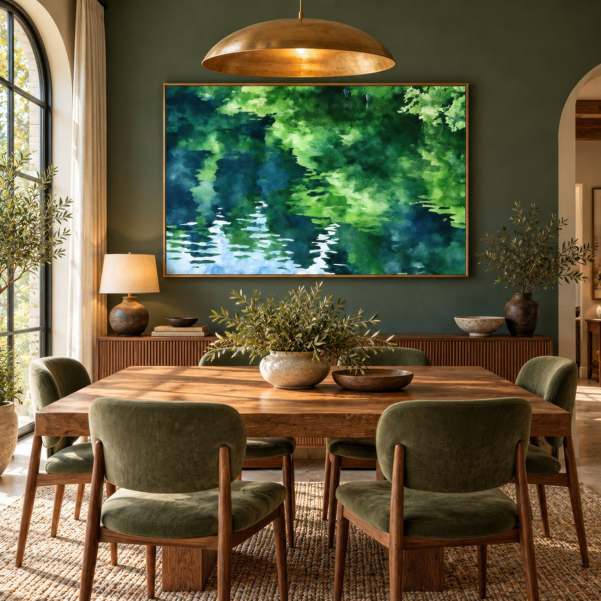 Green canopy reflection above a wood dining table with green chairs under a brass pendant