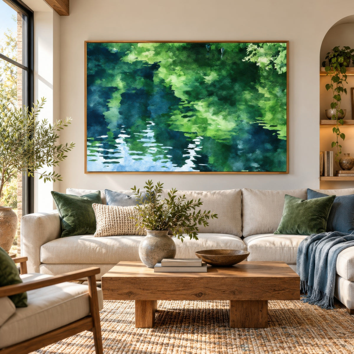 Green canopy reflection above a cream sofa with green pillows and a wood coffee table in a living room