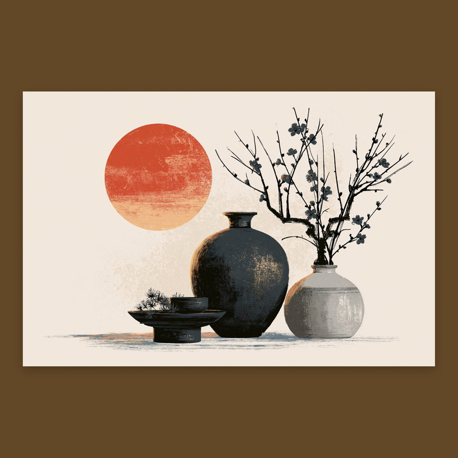 Ceramic Vessels and Red Sun – Japandi Wall Art