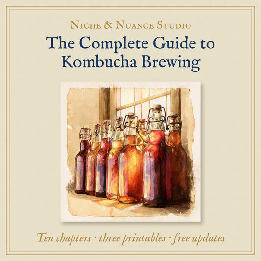 The Complete Guide to Kombucha Brewing, colour pencil drawing of swing-top kombucha bottles