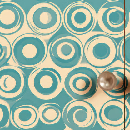 Teal Retro TV on a Patterned Cabinet close-up detail