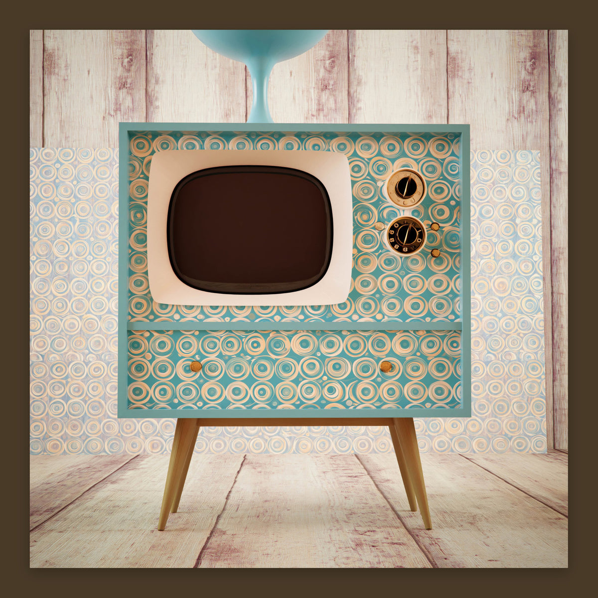 Retro TV Console on Whitewashed Wood flat lay