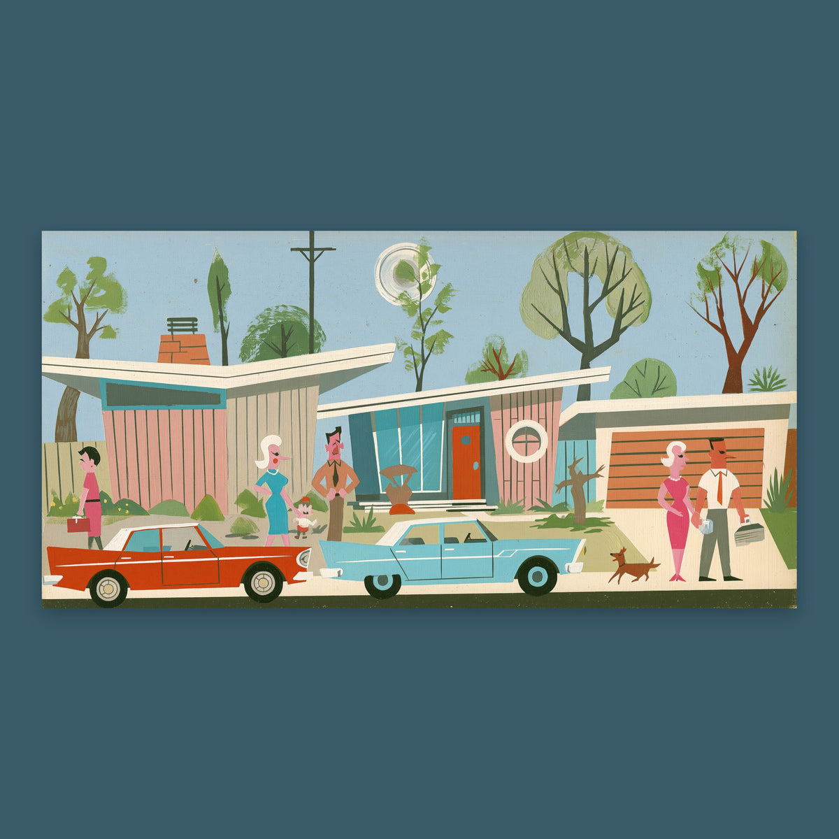 Retro Suburban Neighborhood Illustration flat lay