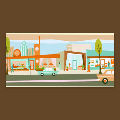 Retro Storefronts with Tall Sign Pylons flat lay