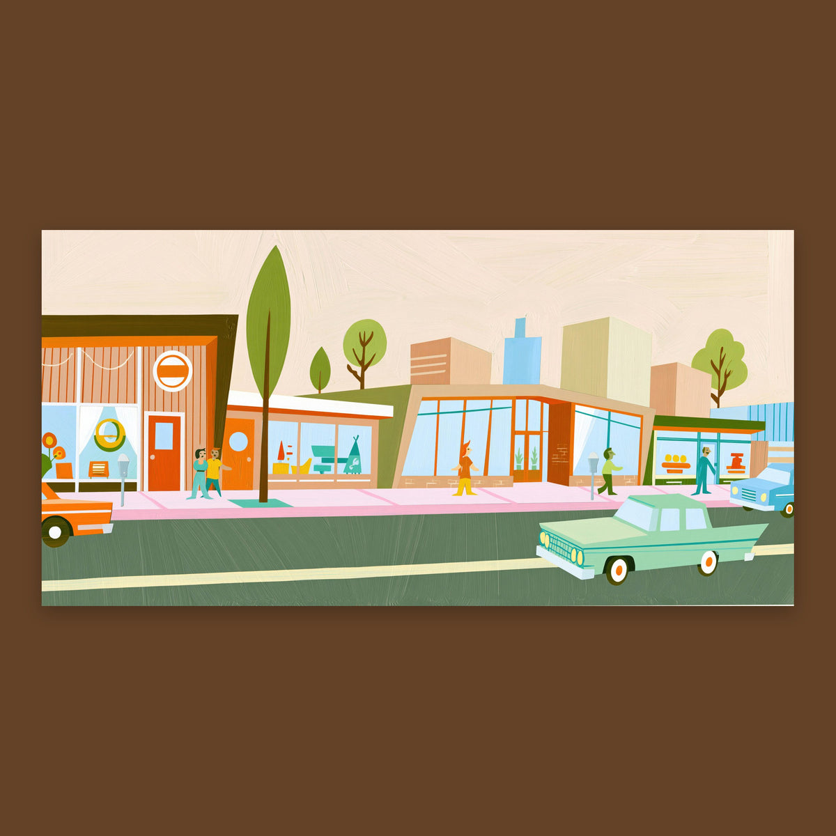 Retro Shops Along a Pink Sidewalk flat lay