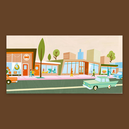 Retro Shops Along a Pink Sidewalk flat lay