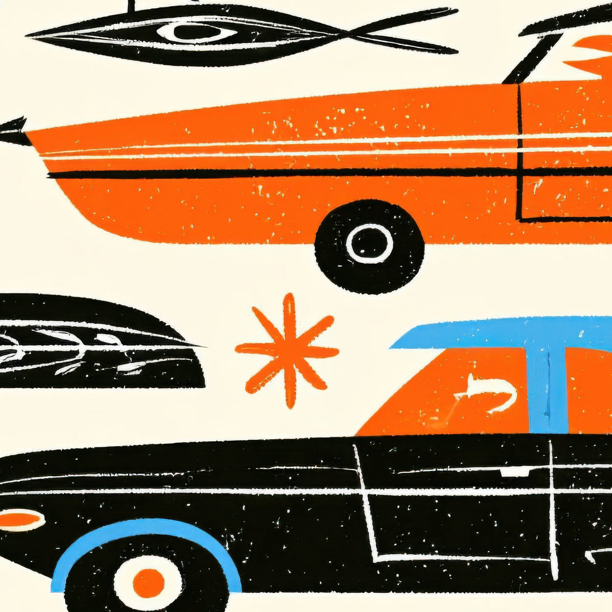 Retro Space Age Cars Pattern close-up detail