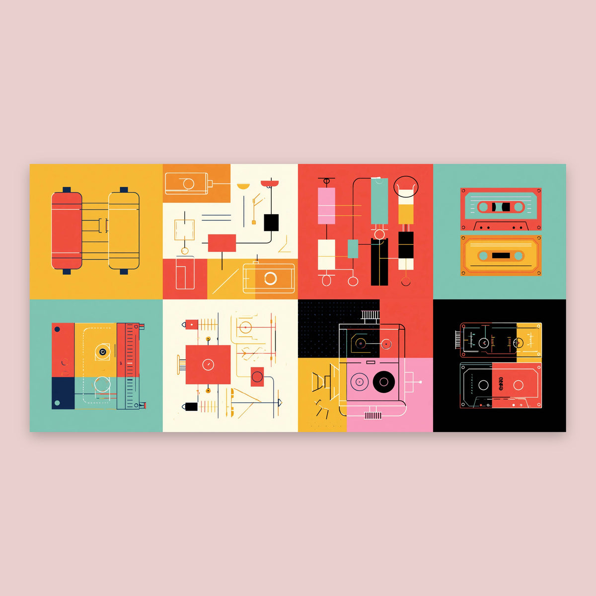 Retro Gadgets Grid Illustration flat lay