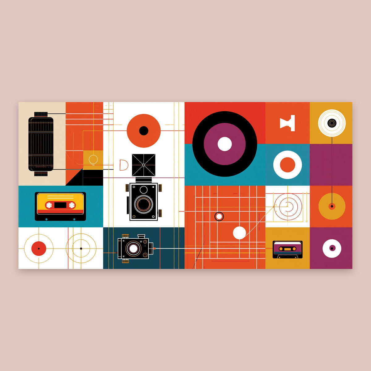 Vintage Gadgets and Circles Illustration flat lay