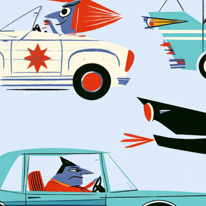 Whimsical Retro Cars Illustration close-up detail