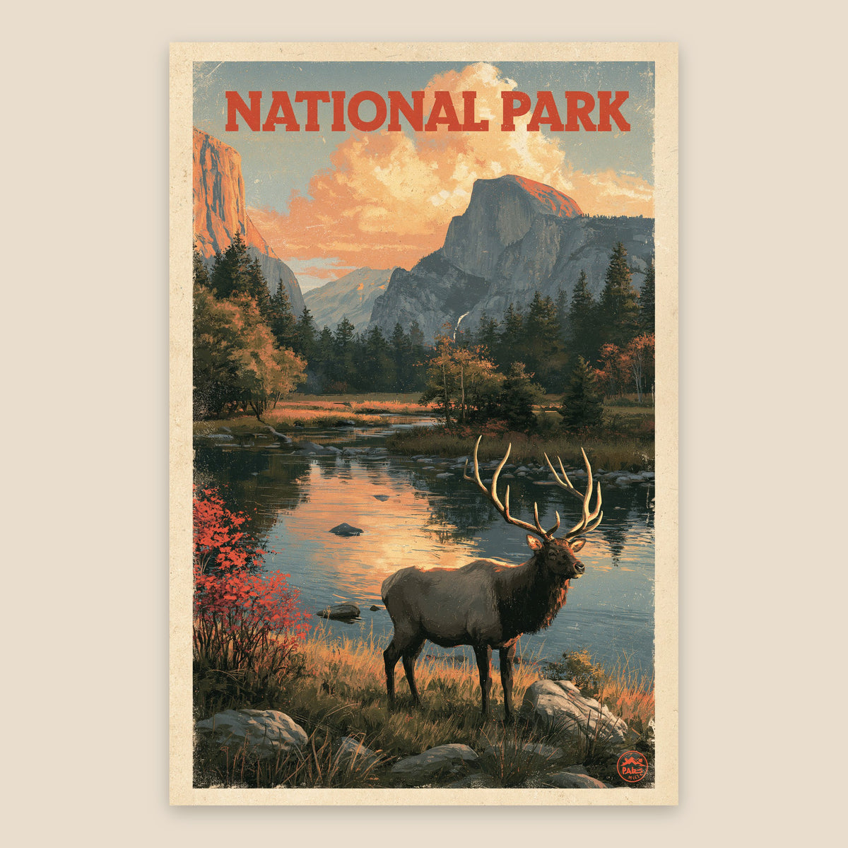 Half Dome Elk Vintage Poster flat lay