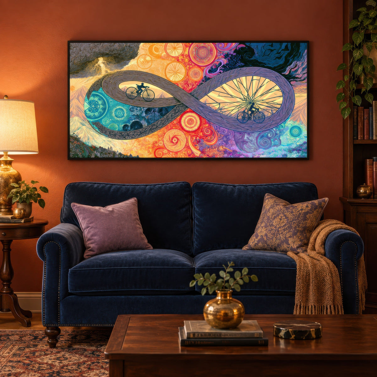 Wheels Within Wheels psychedelic wall art in a den
