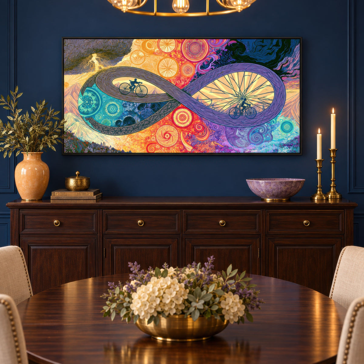 Wheels Within Wheels psychedelic wall art in a dining room