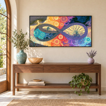 Wheels Within Wheels psychedelic wall art in an entryway