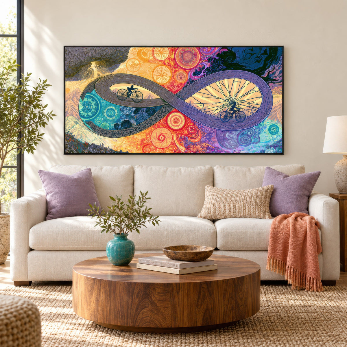Wheels Within Wheels psychedelic wall art in a living room