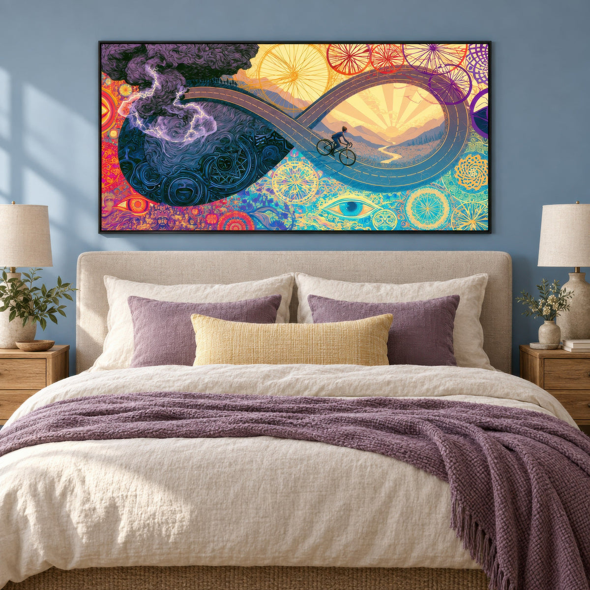 Ride Into the Sunrise psychedelic wall art in a bedroom