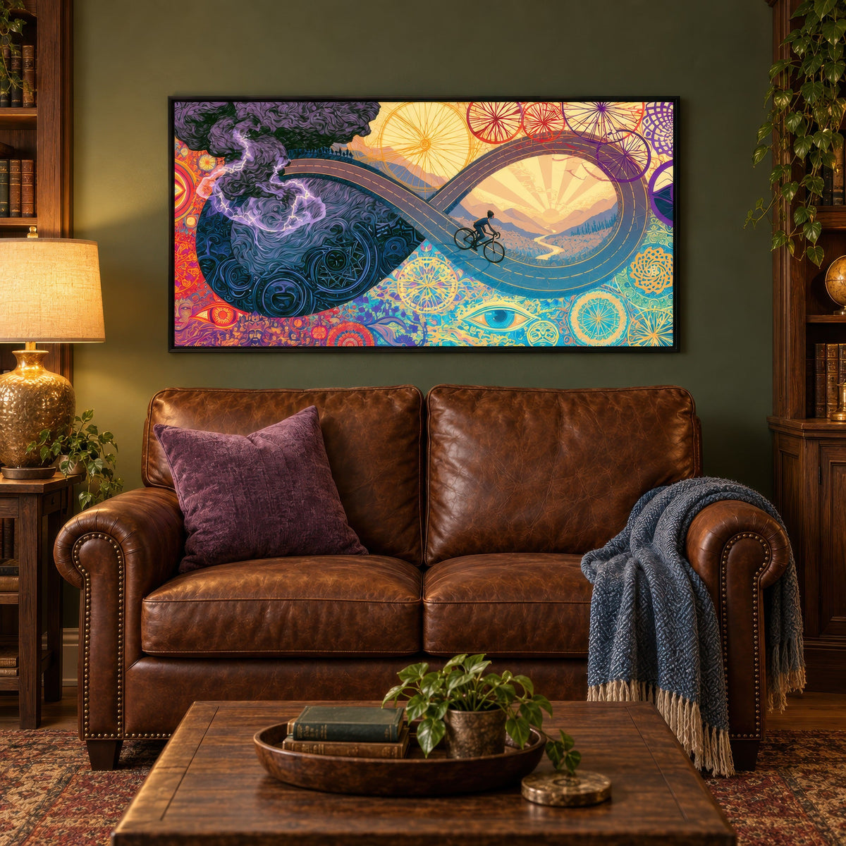 Ride Into the Sunrise psychedelic wall art in a den