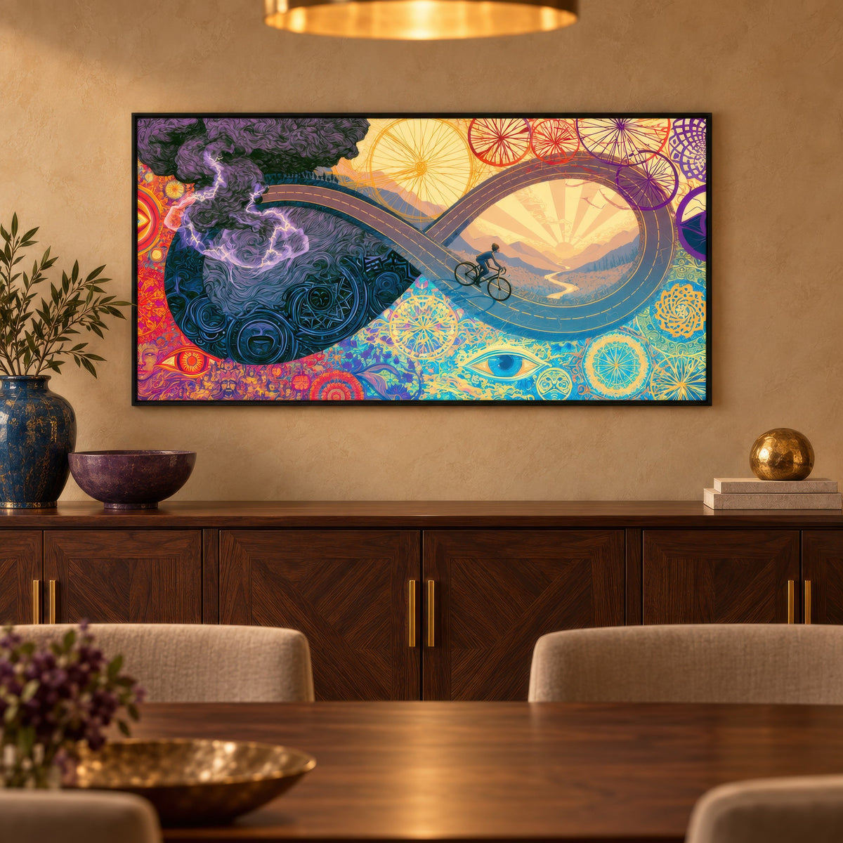 Ride Into the Sunrise psychedelic wall art in a dining room