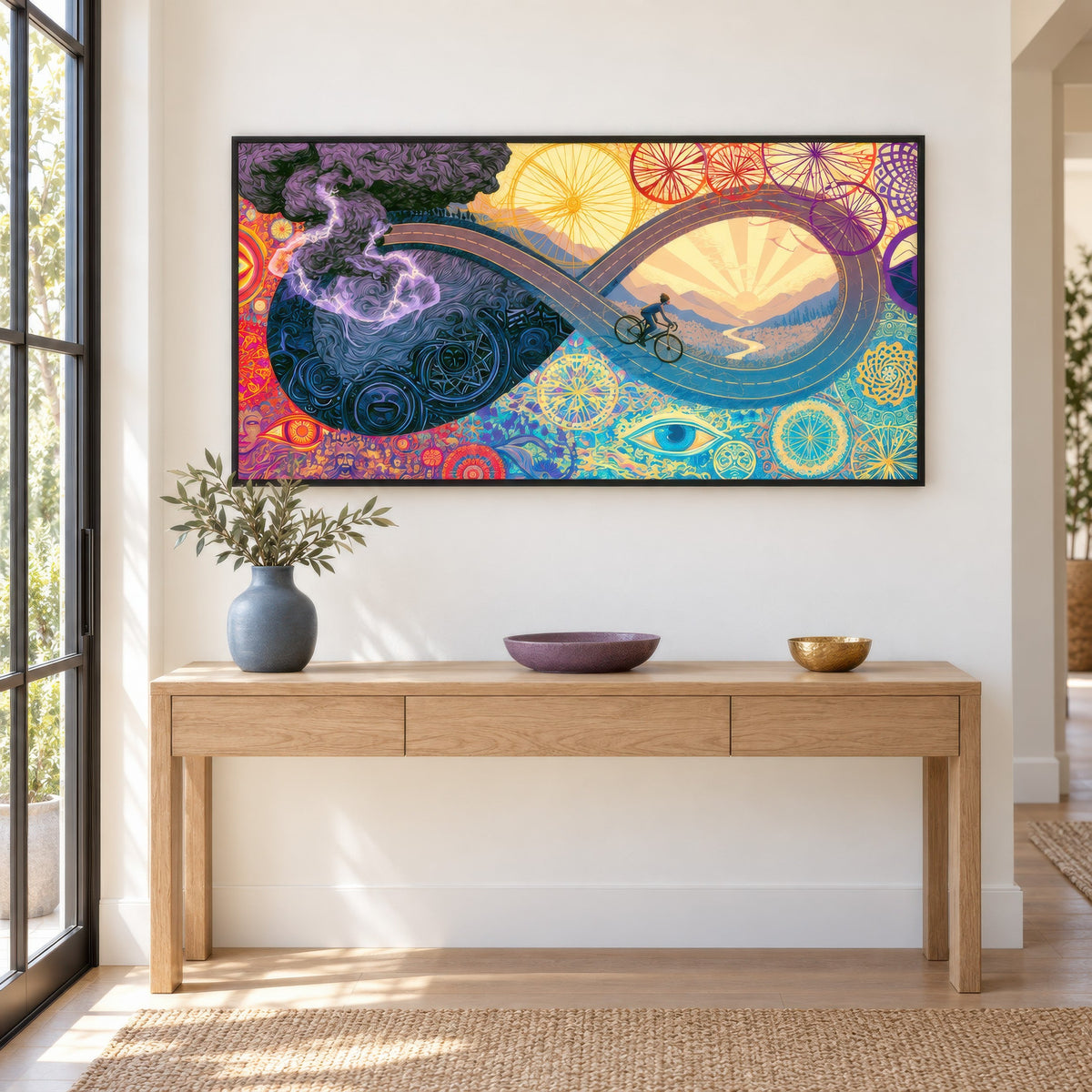 Ride Into the Sunrise psychedelic wall art in an entryway