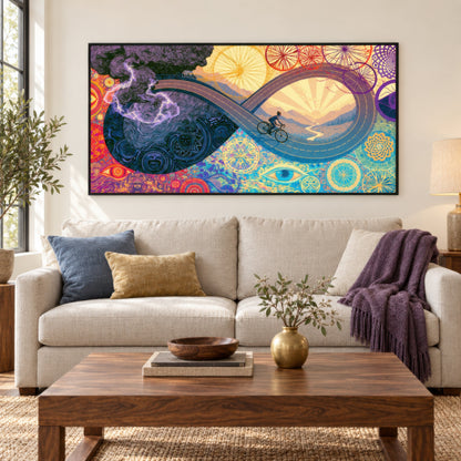 Ride Into the Sunrise psychedelic wall art in a living room