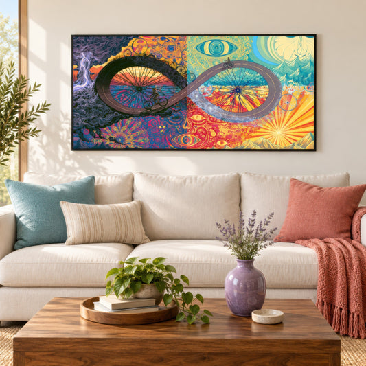 Day and Night Cyclists psychedelic wall art in a living room