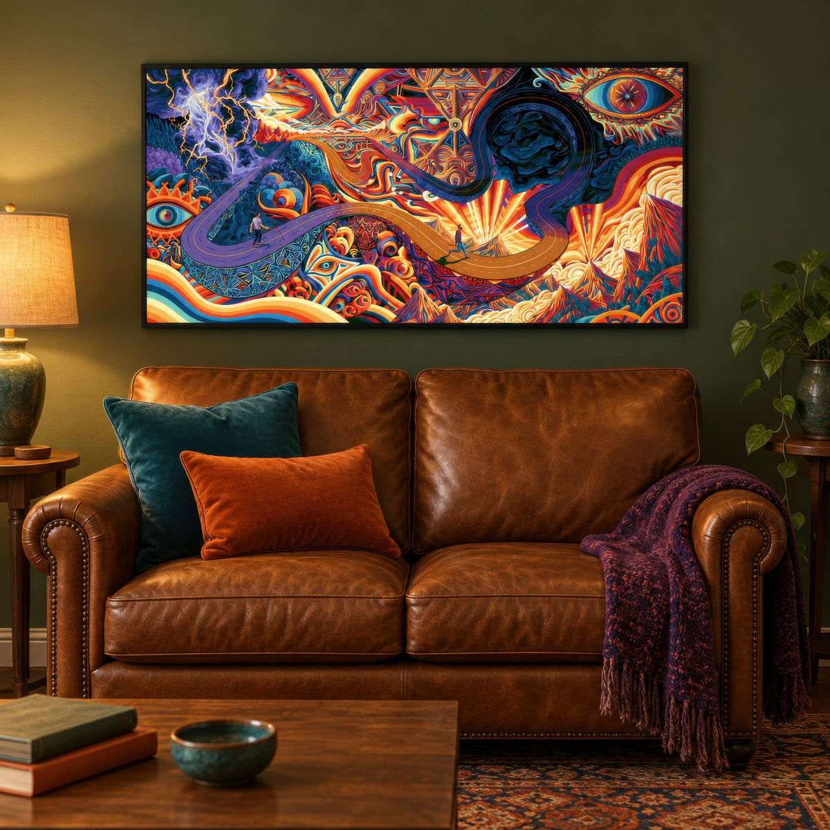 Sacred Geometry Highway psychedelic wall art in a den