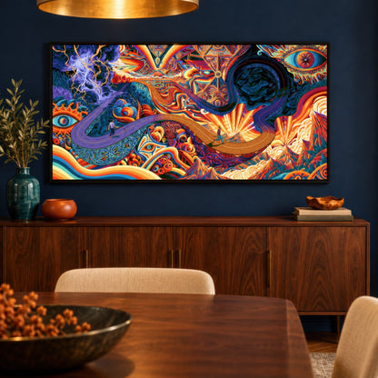 Sacred Geometry Highway psychedelic wall art in a dining room