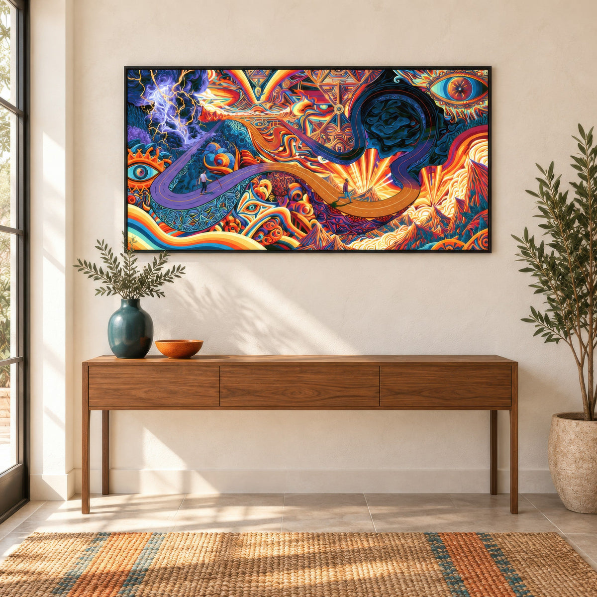 Sacred Geometry Highway psychedelic wall art in an entryway