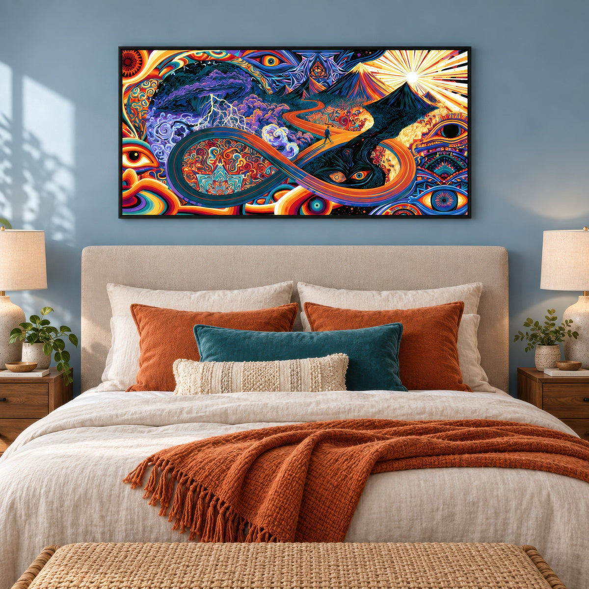 Double Peak Infinity Road psychedelic wall art in a bedroom