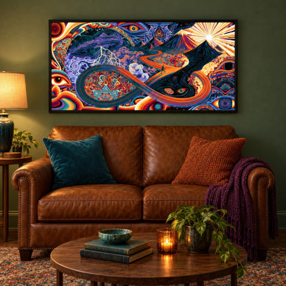 Double Peak Infinity Road psychedelic wall art in a den