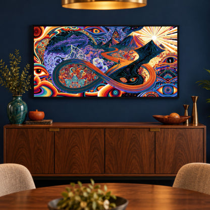 Double Peak Infinity Road psychedelic wall art in a dining room