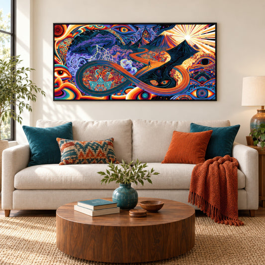 Double Peak Infinity Road psychedelic wall art in a living room