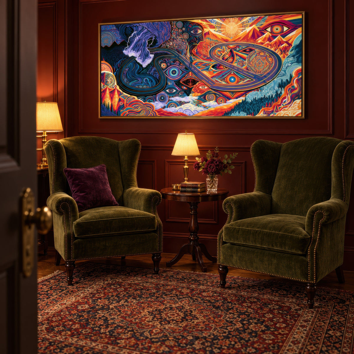 Canyon of Medallions psychedelic wall art in a den