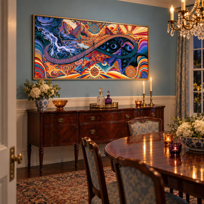 Eyes of the Infinite Path psychedelic wall art in a dining room