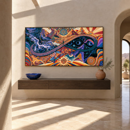 Eyes of the Infinite Path psychedelic wall art in an entryway