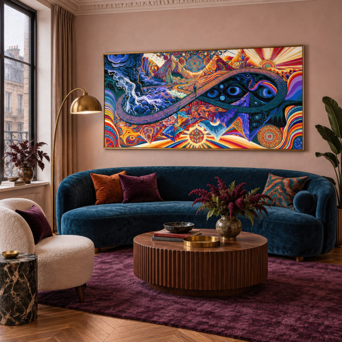 Eyes of the Infinite Path psychedelic wall art in a living room