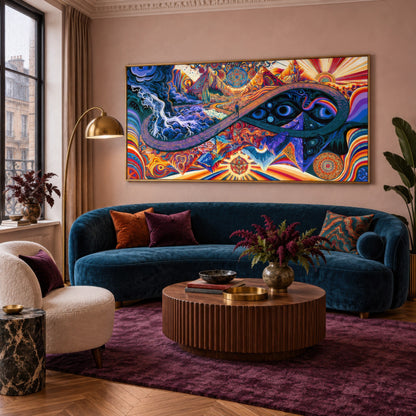 Eyes of the Infinite Path psychedelic wall art in a living room
