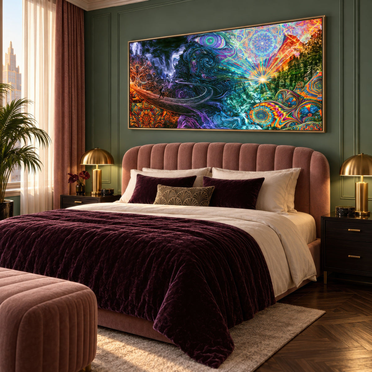 Mandala Sunrise Trail psychedelic wall art in a bedroom