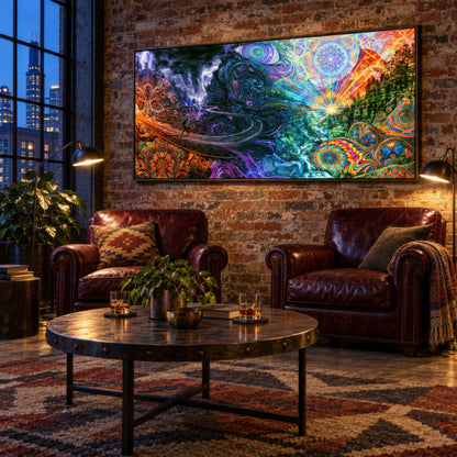 Mandala Sunrise Trail psychedelic wall art in a den