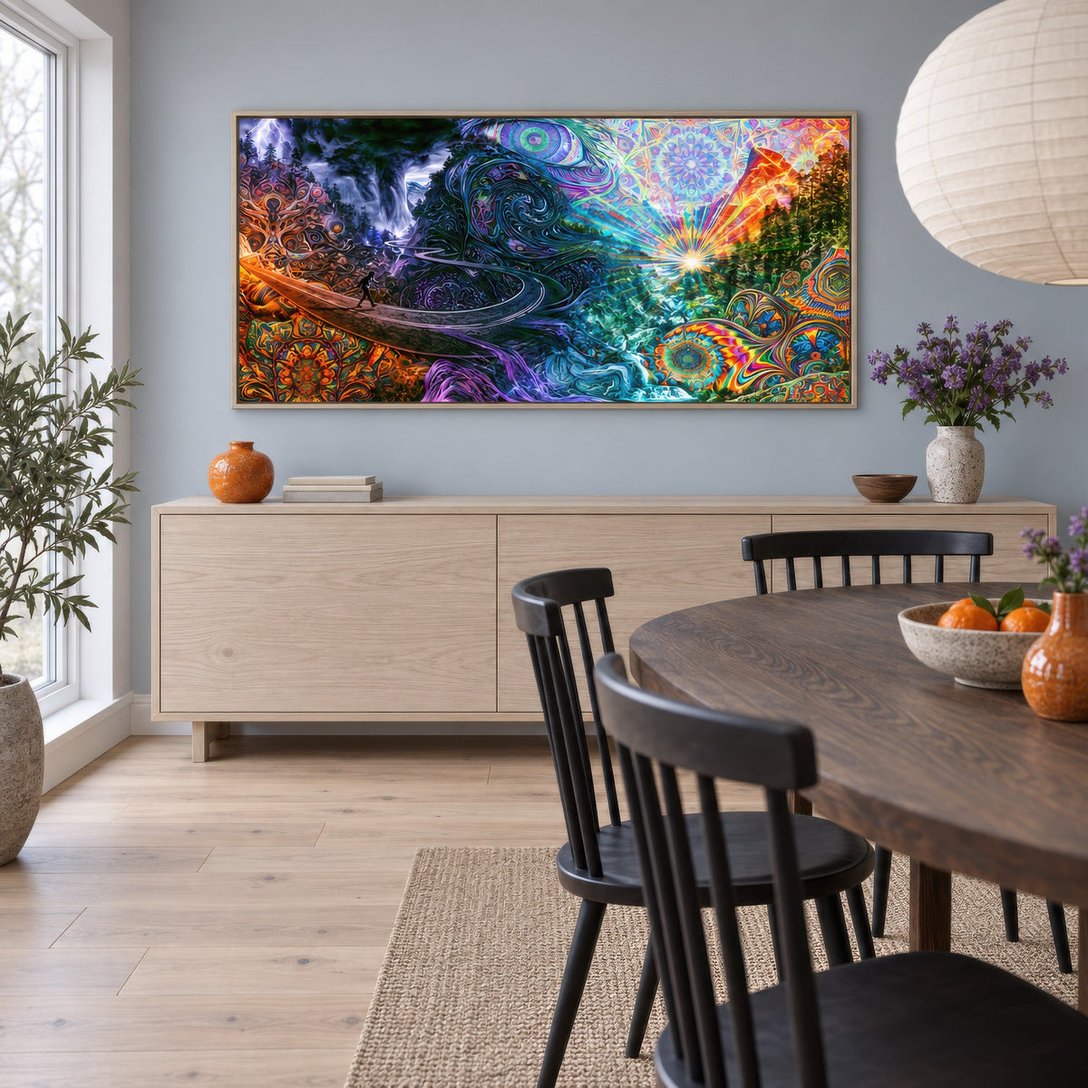 Mandala Sunrise Trail psychedelic wall art in a dining room