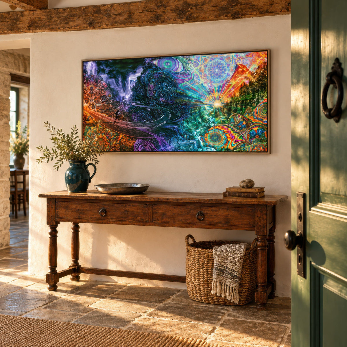 Mandala Sunrise Trail psychedelic wall art in an entryway