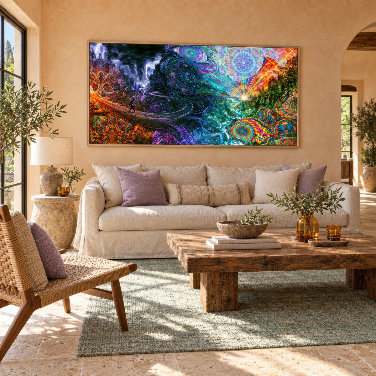 Mandala Sunrise Trail psychedelic wall art in a living room