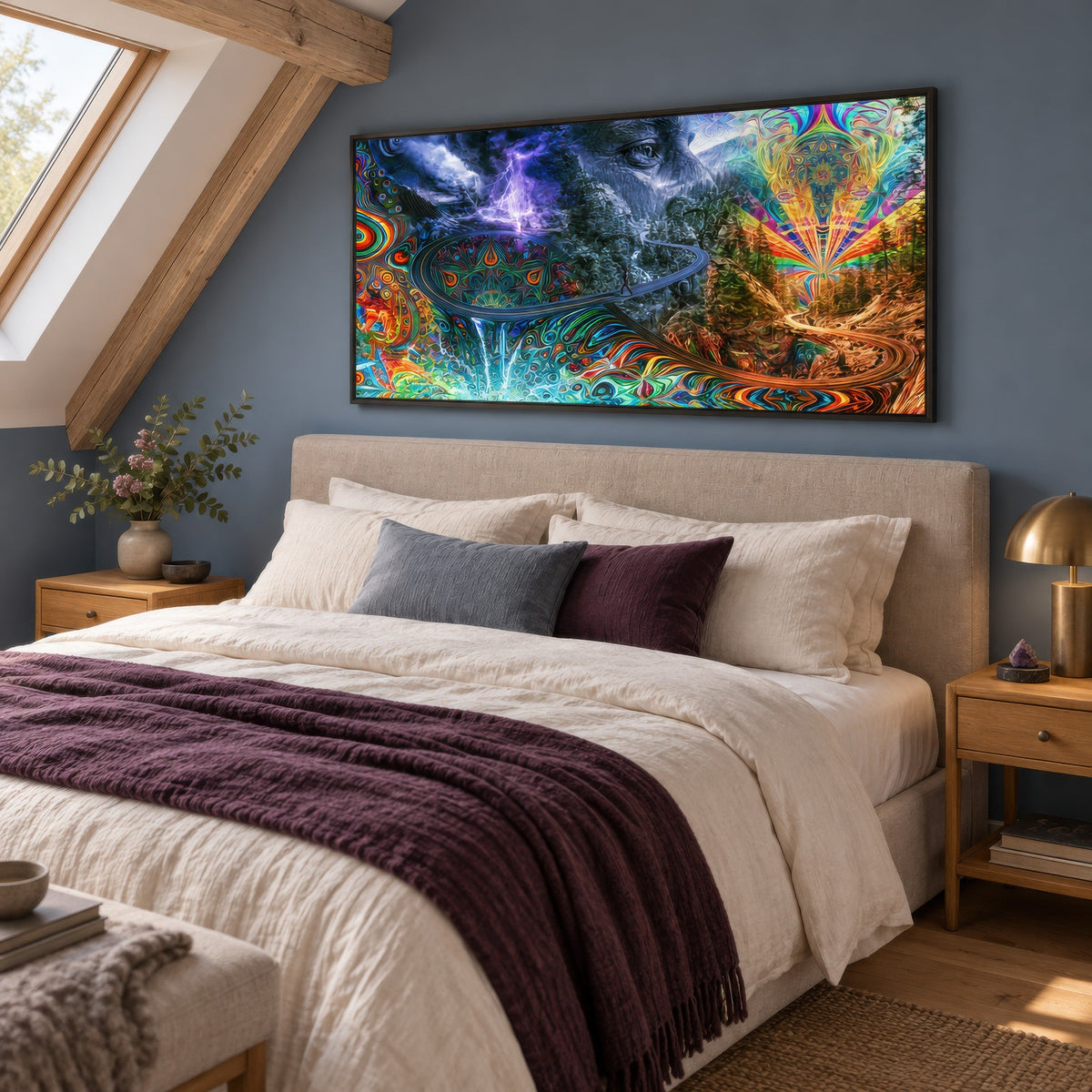 The Mountain's Eye psychedelic wall art in a bedroom