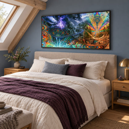 The Mountain's Eye psychedelic wall art in a bedroom