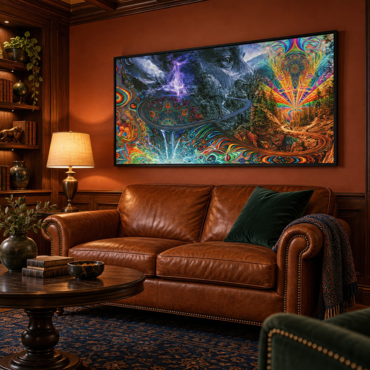 The Mountain's Eye psychedelic wall art in a den