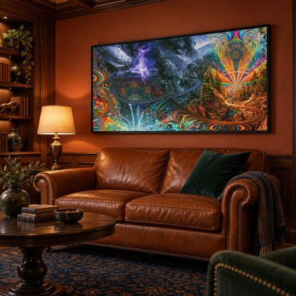 The Mountain's Eye psychedelic wall art in a den